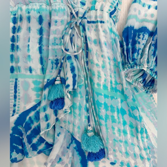 Rococo Sand Celine Wrap Tie Long Sleeve Mini Dress Small Blue White - Picture 7 of 14